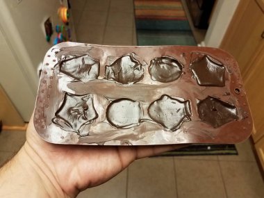 hand holding brown rubber mold with chocolate shapes