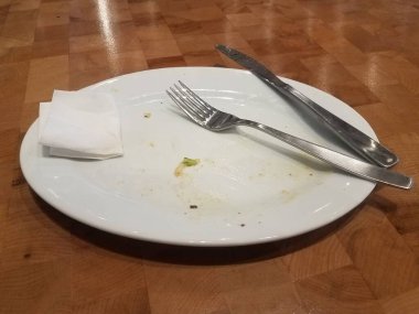 dirty white plate on table with fork and knife