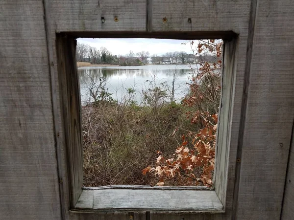 wood bird blind window or frame with water and plants