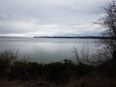 Göl veya gölet suyu ve bitki örtüsü ve bitkiler ve tepeler