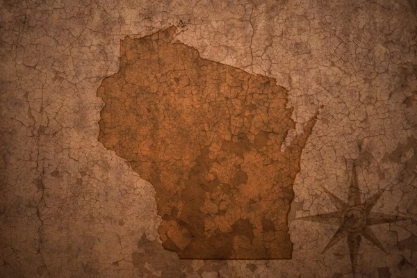 Mapa státu Wisconsinu na staré papírové pozadí vintage crack — Stock fotografie