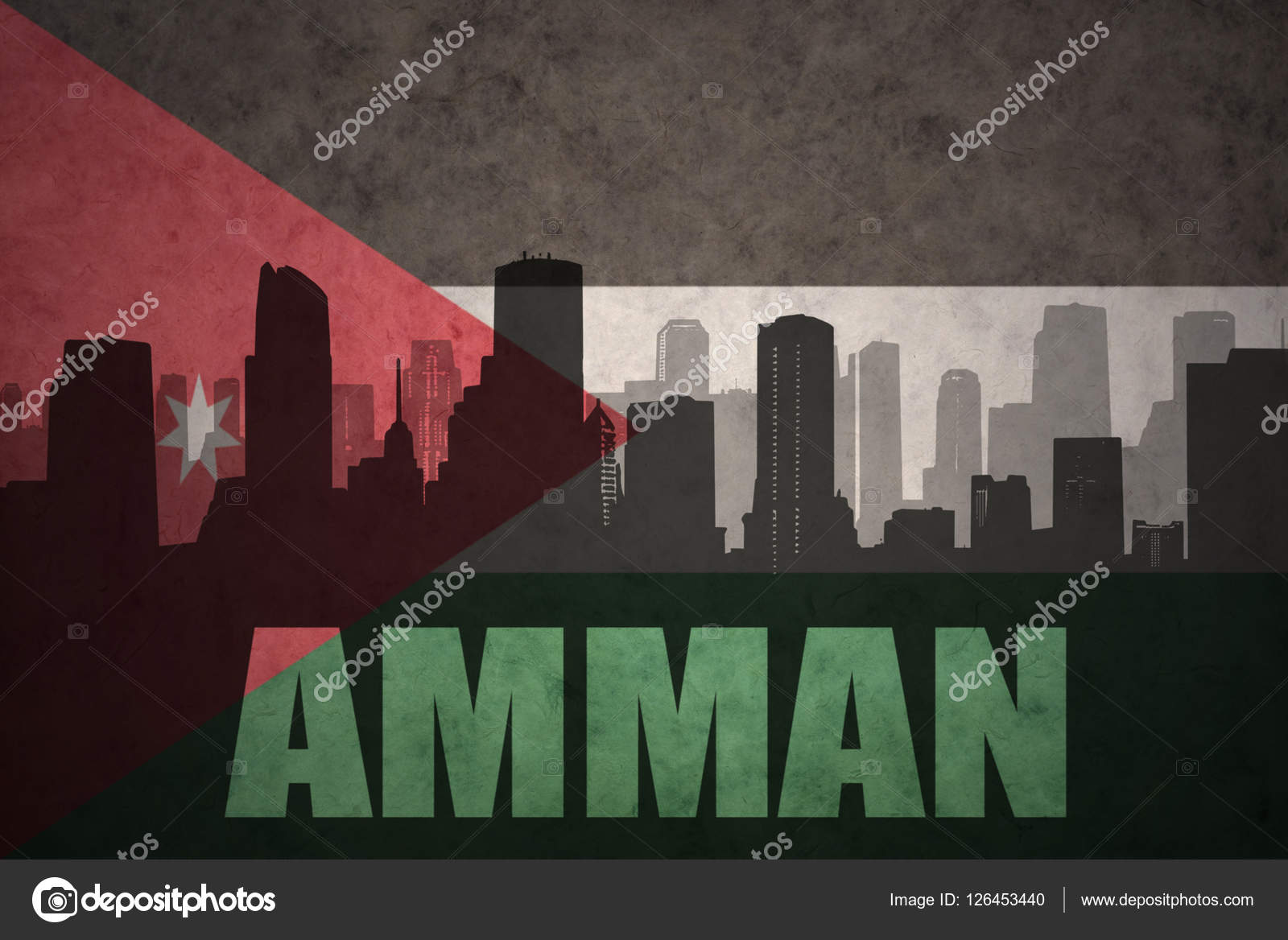 Abstract silhouette of the city with text Amman at the vintage jordan flag  background Stock Photo by ©Ruletkka 126453440