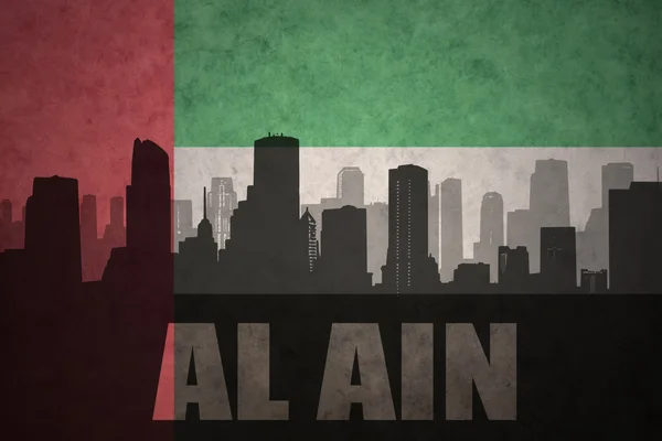 Silueta abstracta de la ciudad con texto Al Ain en el fondo de la bandera de los emiratos árabes unidos vintage — Foto de Stock