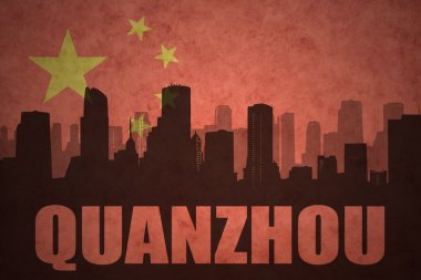 vintage Çin bayrağı arka planda metin Quanzhou ile şehrin soyut siluet