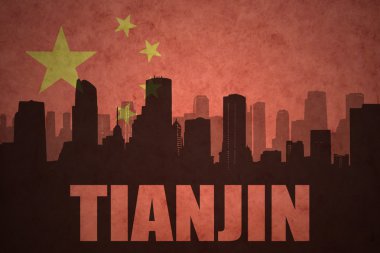 vintage Çin bayrağı arka planda metin Tianjin ile şehrin soyut siluet