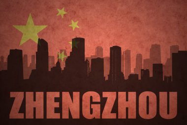 vintage Çin bayrağı arka planda metin Zhengzhou ile şehrin soyut siluet