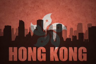 vintage hong kong bayrağı arka planda metin Hong Kong ile şehrin soyut siluet