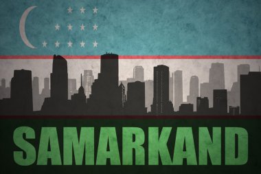 Özet metni Samarkand vintage Özbekistan bayrağı arka plan ile şehir silüeti