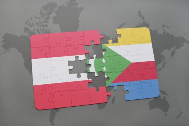 bir dünya haritası arka plan üzerinde Avusturya ve komorulusal bayrağı ile bulmaca.