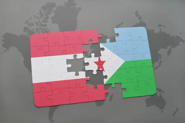 Puzzle con la bandiera nazionale di austria e Gibuti su sfondo mappa del mondo . — Foto Stock