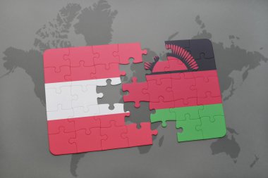 bir dünya haritası arka plan üzerinde Avusturya ve malavi ulusal bayrağı ile bulmaca.
