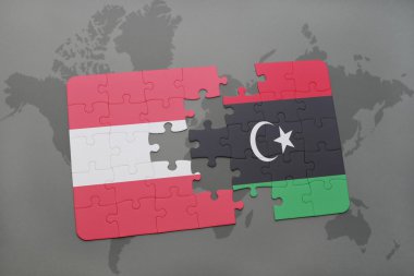 bir dünya haritası arka plan üzerinde Avusturya ve Libya ulusal bayrağı ile bulmaca.