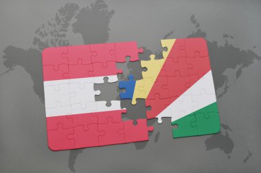bir dünya haritası arka plan üzerinde Avusturya ve seyşeller ulusal bayrağı ile bulmaca.
