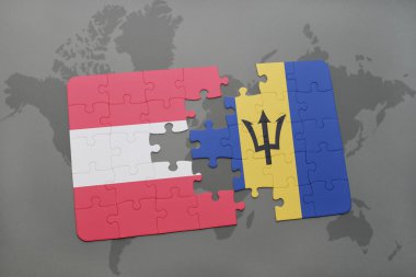 bir dünya haritası arka plan üzerinde Avusturya ve Barbados ulusal bayrağı ile bulmaca.