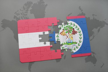 avusturya ulusal bayrağı ile bulmaca ve bir dünya haritası arka plan üzerinde belize.
