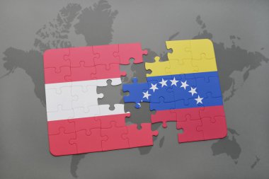 bir dünya haritası arka plan üzerinde Avusturya ve Venezuela ulusal bayrağı ile bulmaca.
