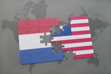 bir dünya haritası arka plan üzerinde Hollanda ve liberya ulusal bayrağı ile bulmaca.