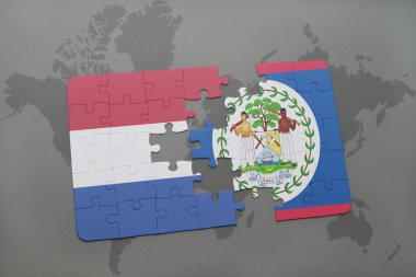hollanda ulusal bayrağı ile bulmaca ve bir dünya haritası arka plan üzerinde belize.