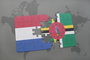 bir dünya haritası arka plan üzerinde Hollanda ve dominika ulusal bayrağı ile bulmaca.