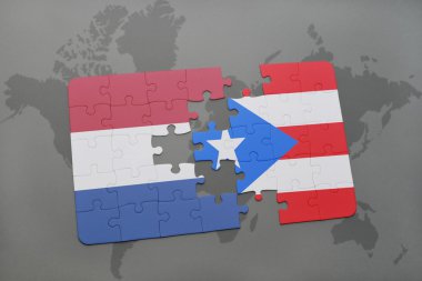 bir dünya haritası arka plan üzerinde Hollanda ve Porto Riko ulusal bayrağı ile bulmaca.