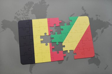 bir dünya haritası arka plan üzerinde Belçika ve Kongo Cumhuriyeti ulusal bayrağı ile bulmaca.