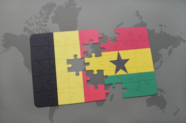 bir dünya haritası arka plan üzerinde Belçika ve Gana ulusal bayrağı ile bulmaca.