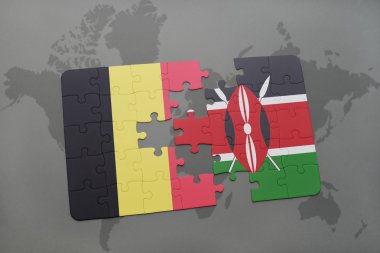 bir dünya haritası arka plan üzerinde Belçika ve Kenya ulusal bayrağı ile bulmaca.