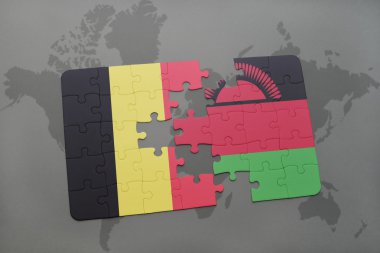 bir dünya haritası arka plan üzerinde Belçika ve malavi ulusal bayrağı ile bulmaca.