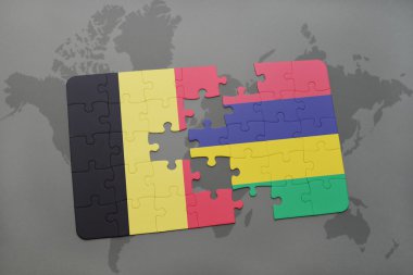 bir dünya haritası arka plan üzerinde Belçika ve mauritius ulusal bayrağı ile bulmaca.