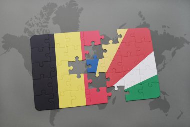 bir dünya haritası arka plan üzerinde Belçika ve seyşeller ulusal bayrağı ile bulmaca.