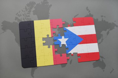 bir dünya haritası arka plan üzerinde Belçika ve Porto Riko ulusal bayrağı ile bulmaca.