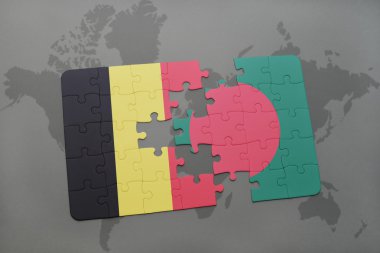 bir dünya haritası arka plan üzerinde Belçika ve Bangladeş ulusal bayrağı ile bulmaca.