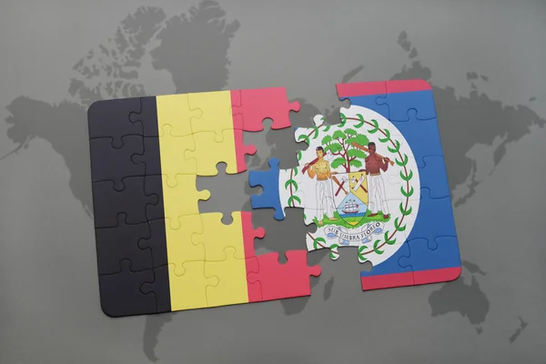 Quebra-cabeça com a bandeira nacional da Bélgica e Belize em um fundo de mapa do mundo . — Fotografia de Stock