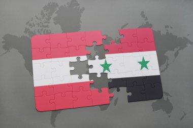Avusturya ve Suriye ulusal bayrak dünya harita arka plan üzerinde ile bulmaca.