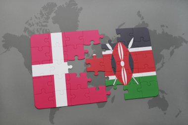 bir dünya haritası arka plan üzerinde Danimarka ve Kenya ulusal bayrağı ile bulmaca.