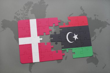 bir dünya haritası arka plan üzerinde Danimarka ve Libya ulusal bayrağı ile bulmaca.