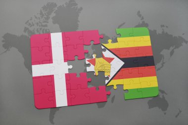 bir dünya haritası arka plan üzerinde Danimarka ve zimbabve ulusal bayrağı ile bulmaca.