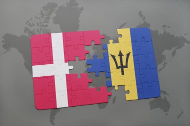 bir dünya haritası arka plan üzerinde Danimarka ve barbados ulusal bayrağı ile bulmaca.