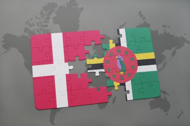 bir dünya haritası arka plan üzerinde Danimarka ve dominika ulusal bayrağı ile bulmaca.