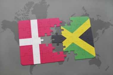 bir dünya haritası arka plan üzerinde Danimarka ve Jamaika ulusal bayrağı ile bulmaca.