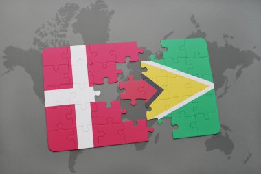 bir dünya haritası arka plan üzerinde Danimarka ve guyana ulusal bayrağı ile bulmaca.