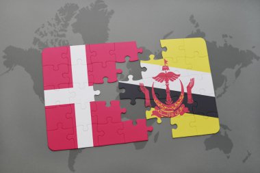 bir dünya haritası arka plan üzerinde Danimarka ve brunei ulusal bayrağı ile bulmaca.