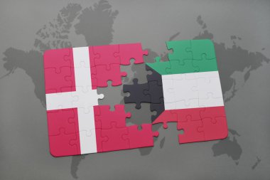 bir dünya haritası arka plan üzerinde Danimarka ve Kuveyt ulusal bayrağı ile bulmaca.