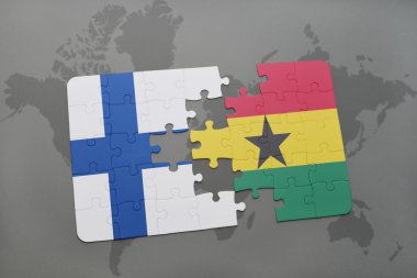 bir dünya haritası arka plan üzerinde Finlandiya ve Gana ulusal bayrağı ile bulmaca.