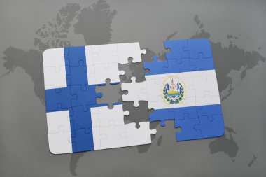 bir dünya haritası arka plan üzerinde finlandiya ve el salvador ulusal bayrağı ile bulmaca.
