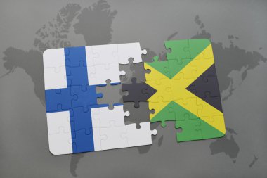 bir dünya haritası arka plan üzerinde finlandiya ve jamaika ulusal bayrağı ile bulmaca.