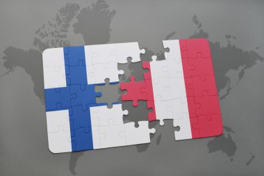 bir dünya haritası arka plan üzerinde Finlandiya ve Peru ulusal bayrağı ile bulmaca.