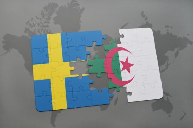 bir dünya haritası arka plan üzerinde İsveç ve Cezayir ulusal bayrağı ile bulmaca.