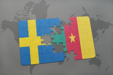 bir dünya haritası arka plan üzerinde İsveç ve Kamerun ulusal bayrağı ile bulmaca.