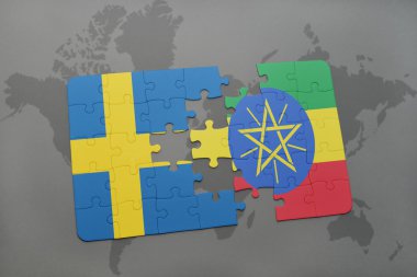 bir dünya haritası arka plan üzerinde İsveç ve Etiyopya ulusal bayrağı ile bulmaca.